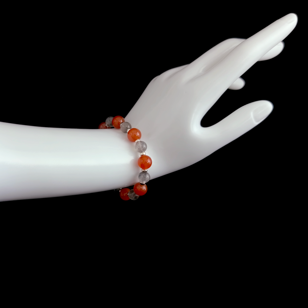Red Agate and Grey Moonstone bracelet worn on hand for easing body tension while speaking and reducing mental drain after conversations – JING Balance