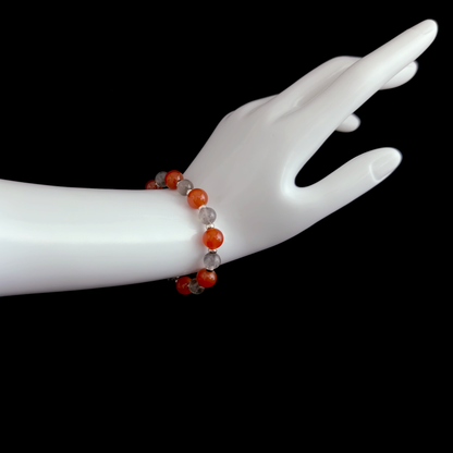 Red Agate and Grey Moonstone bracelet worn on hand for easing body tension while speaking and reducing mental drain after conversations – JING Balance