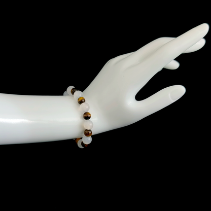 White Agate and Tiger’s Eye bracelet worn on hand showing clear boundaries and the ability to step away without overchecking