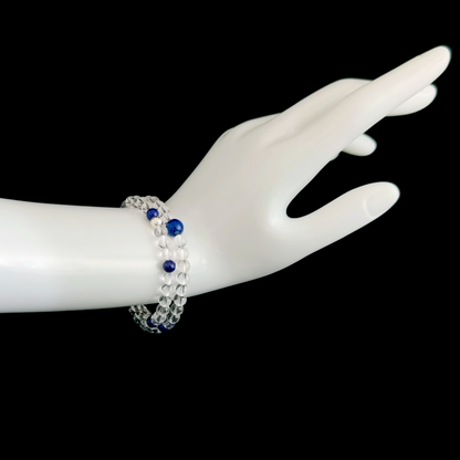 Clear Quartz and Lapis Lazuli bracelet worn on hand showing direct thinking and confident action