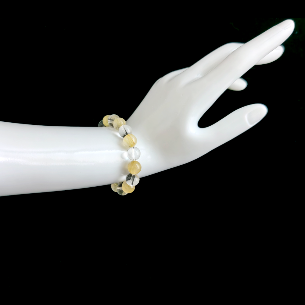 Golden Rutilated Quartz and Clear Quartz bracelet worn on hand for reducing mental overload and supporting structured, concise communication – JING Balance