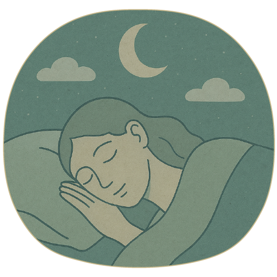 Illustration of a woman peacefully sleeping under the night sky with a crescent moon, symbolizing rest, deep sleep, and energy recovery.
