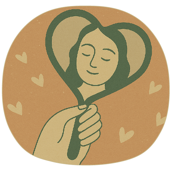 Illustration of a person looking peacefully into a heart-shaped mirror, representing self-love, confidence, and personal empowerment.