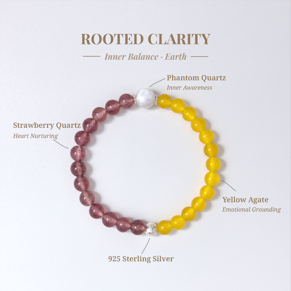 Rooted Clarity crystal card showing Yellow Agate and Strawberry Quartzand other stones with their healing functions.
