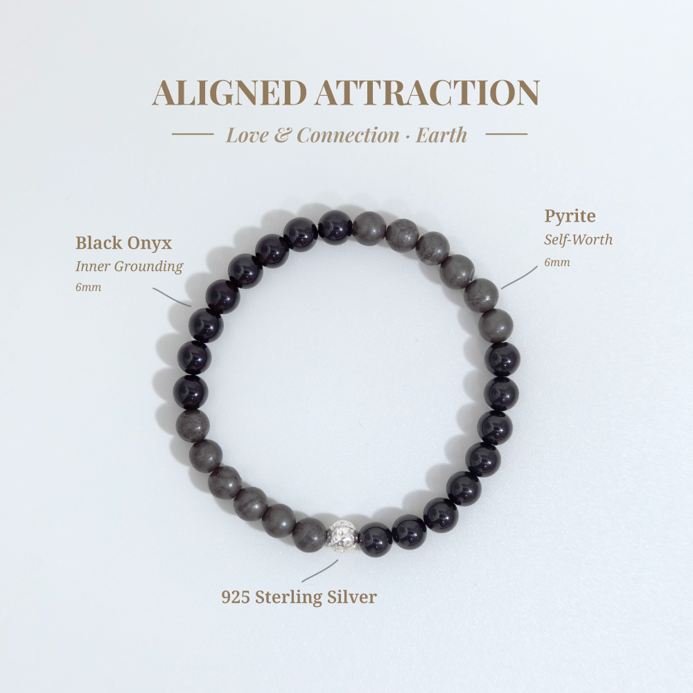 Aligned Attraction bracelet with Black Onyx and Pyrite for self-worth healing, calling in aligned relationships, and breaking toxic relationship patterns – JING Balance