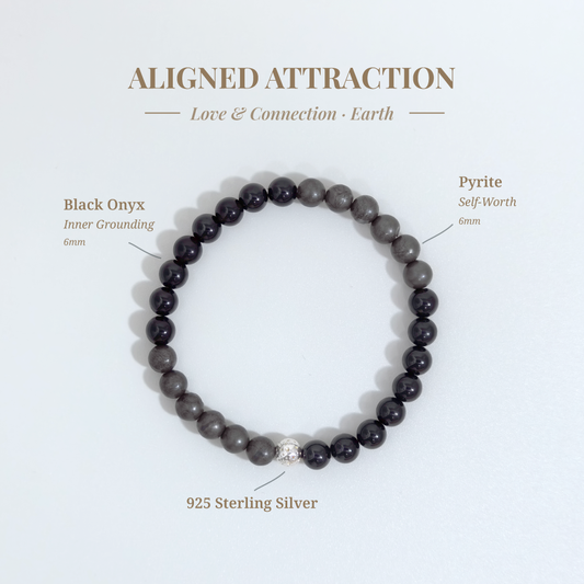 Aligned Attraction bracelet with Black Onyx and Pyrite for self-worth healing, calling in aligned relationships, and breaking toxic relationship patterns – JING Balance