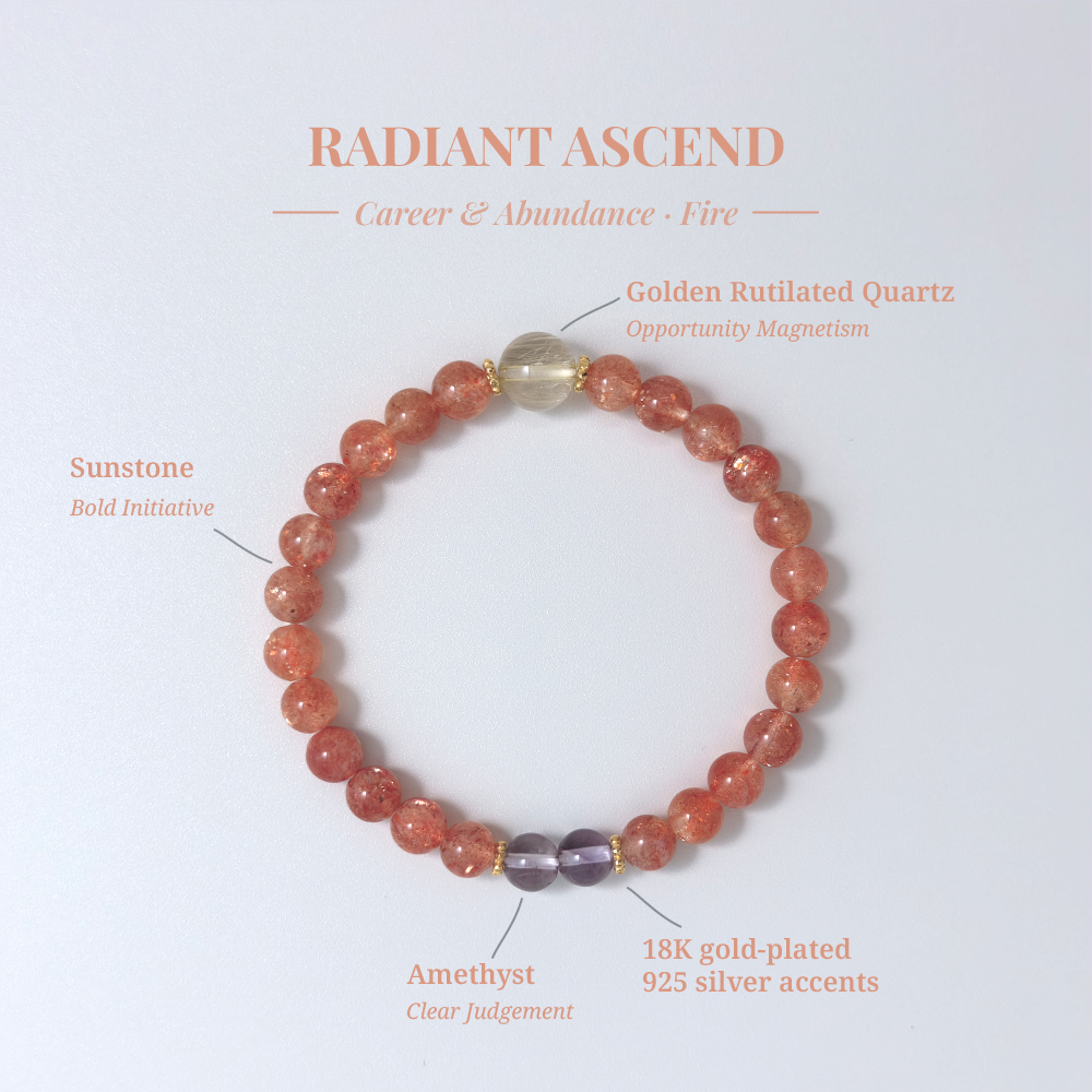 Radiant Ascend crystal card showing Golden Sunstone and other stones with their healing functions.