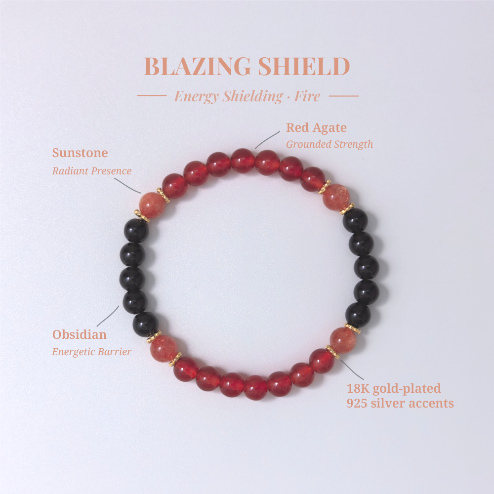 Blazing Shield crystal card showing Red Agate and other stones with their healing functions.
