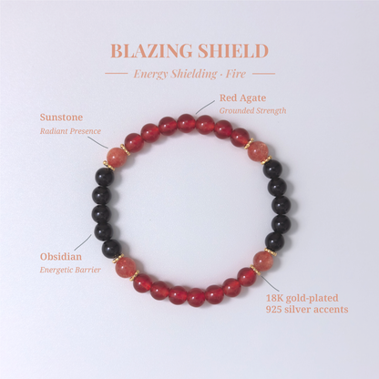 Blazing Shield crystal card showing Red Agate and other stones with their healing functions.