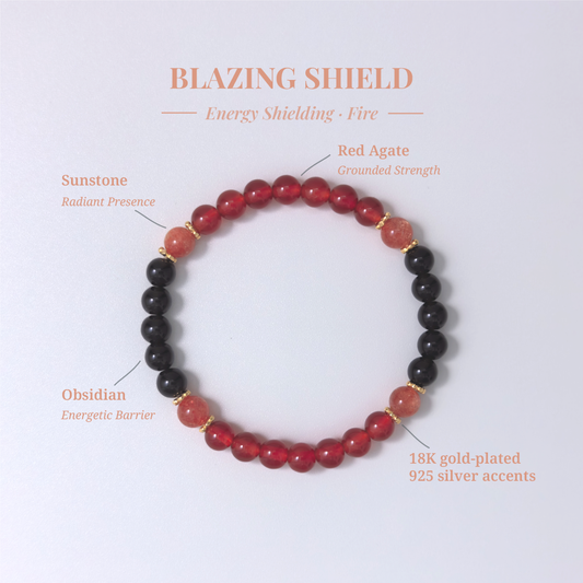 Blazing Shield crystal card showing Red Agate and other stones with their healing functions.