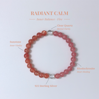 Radiant Calm crystal card showing Golden Sunstone and other stones with their healing functions.