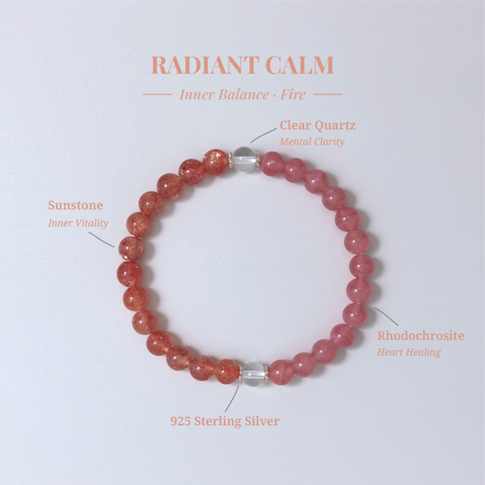 Radiant Calm crystal card showing Golden Sunstone and other stones with their healing functions.
