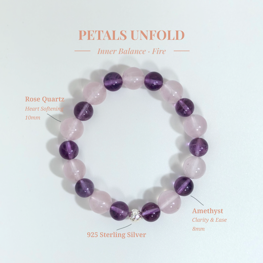Petals Unfold bracelet with Rose Quartz and Amethyst for releasing emotional suppression, easing high-functioning depression, and gently reopening the heart – JING Balance
