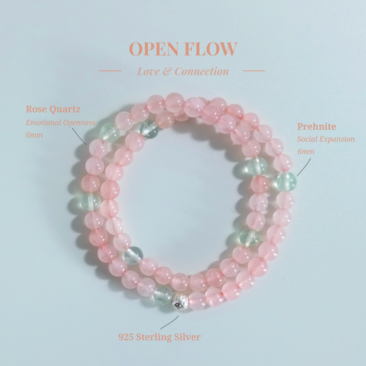 Open Flow bracelet with Rose Quartz and Prehnite for increasing openness, social interaction, and fresh relationship energy