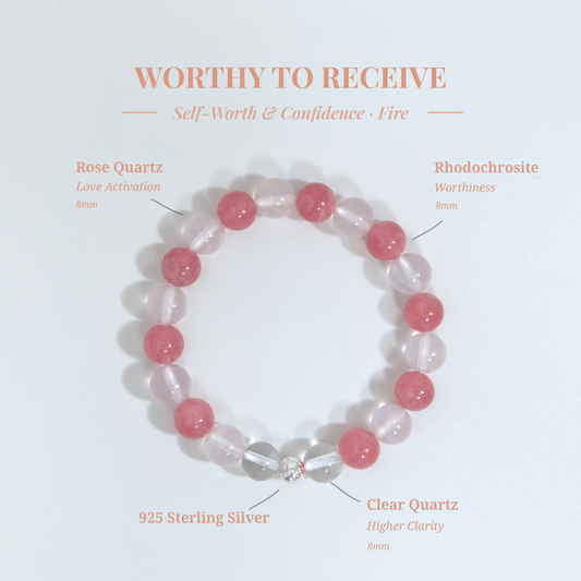 Worthy to Receive bracelet with Rose Quartz, Rhodochrosite, and Clear Quartz for building self-worth, receiving love confidently, and healing self-sabotage patterns – JING Balance