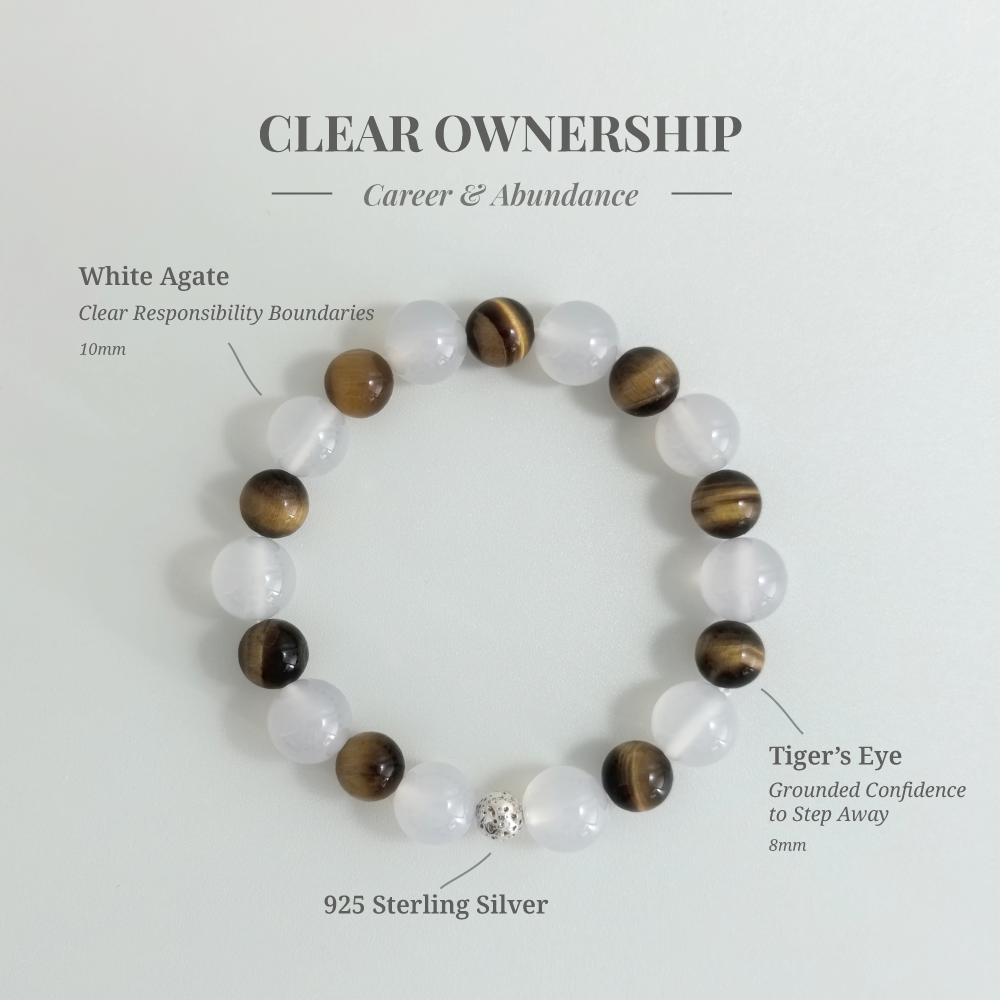 Clear Ownership bracelet with White Agate and Tiger’s Eye for releasing responsibility after delegating and reducing constant monitoring