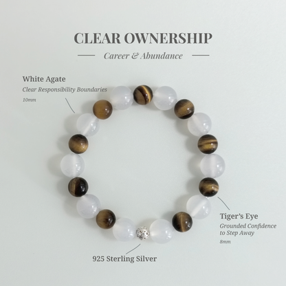 Clear Ownership bracelet with White Agate and Tiger’s Eye for releasing responsibility after delegating and reducing constant monitoring