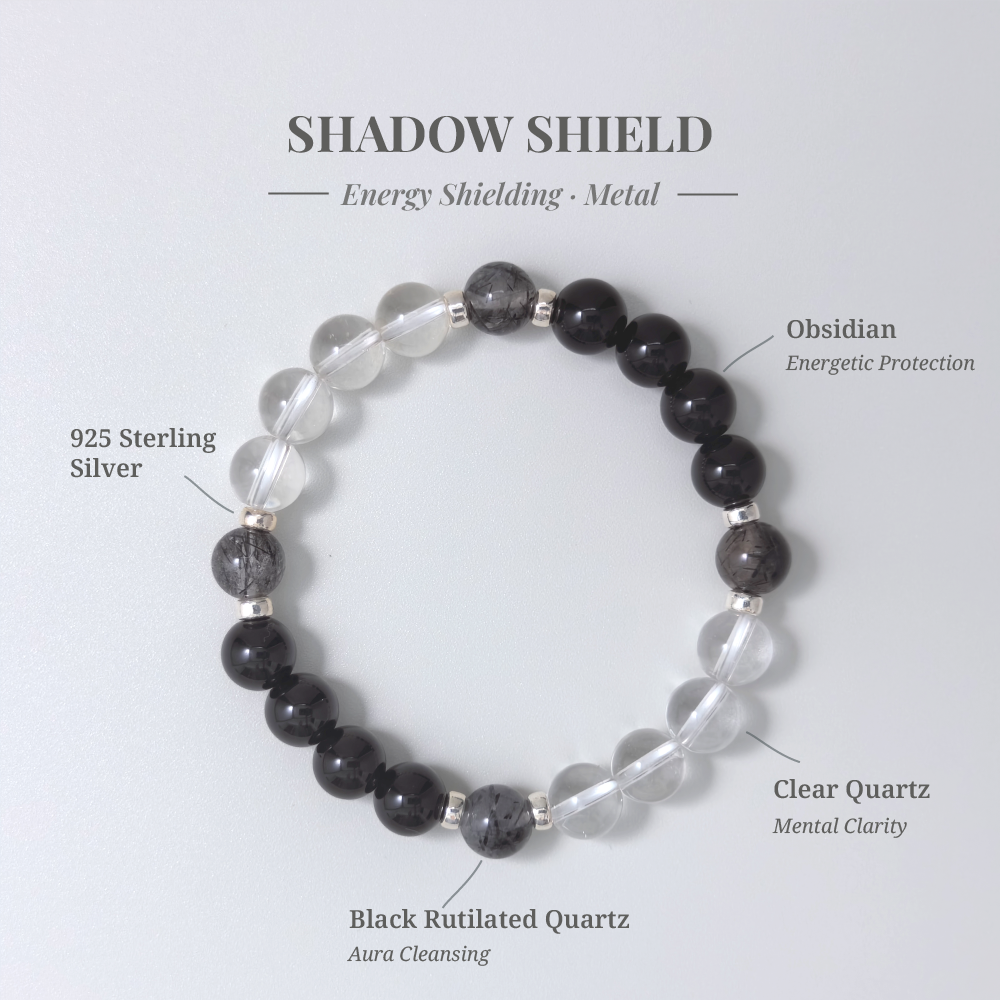 Shadow Shield crystal card showing Obsidian and other stones with their healing functions.