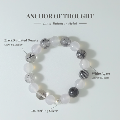 Mind Stillness bracelet with White Agate and Black Rutilated Quartz for quieting thoughts and emotional balance