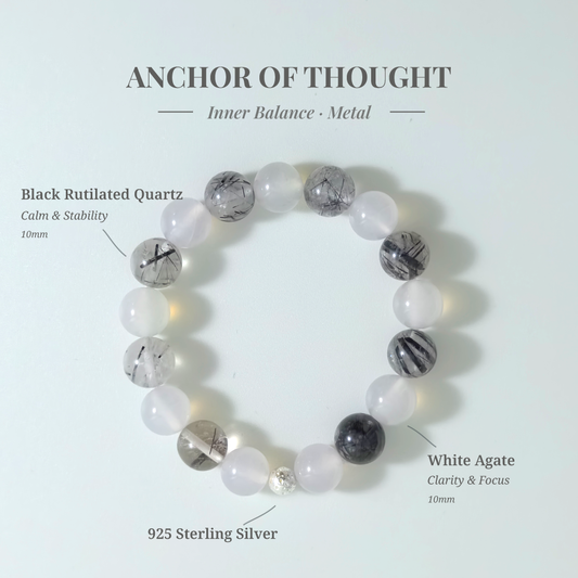 Mind Stillness bracelet with White Agate and Black Rutilated Quartz for quieting thoughts and emotional balance