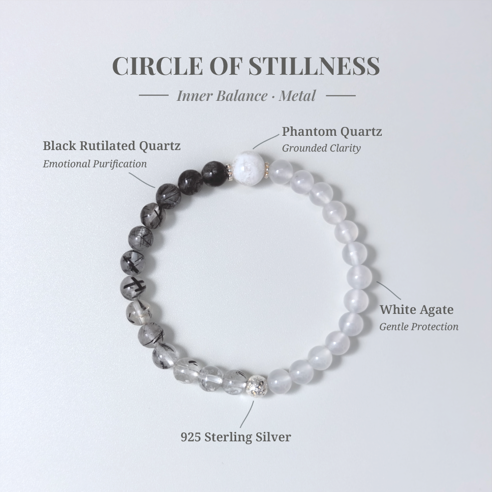 Circle of Stillness crystal card showing White Agate and  Black Rutilated Quartz and other stones with their healing functions.