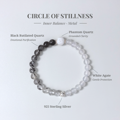 Circle of Stillness crystal card showing White Agate and  Black Rutilated Quartz and other stones with their healing functions.