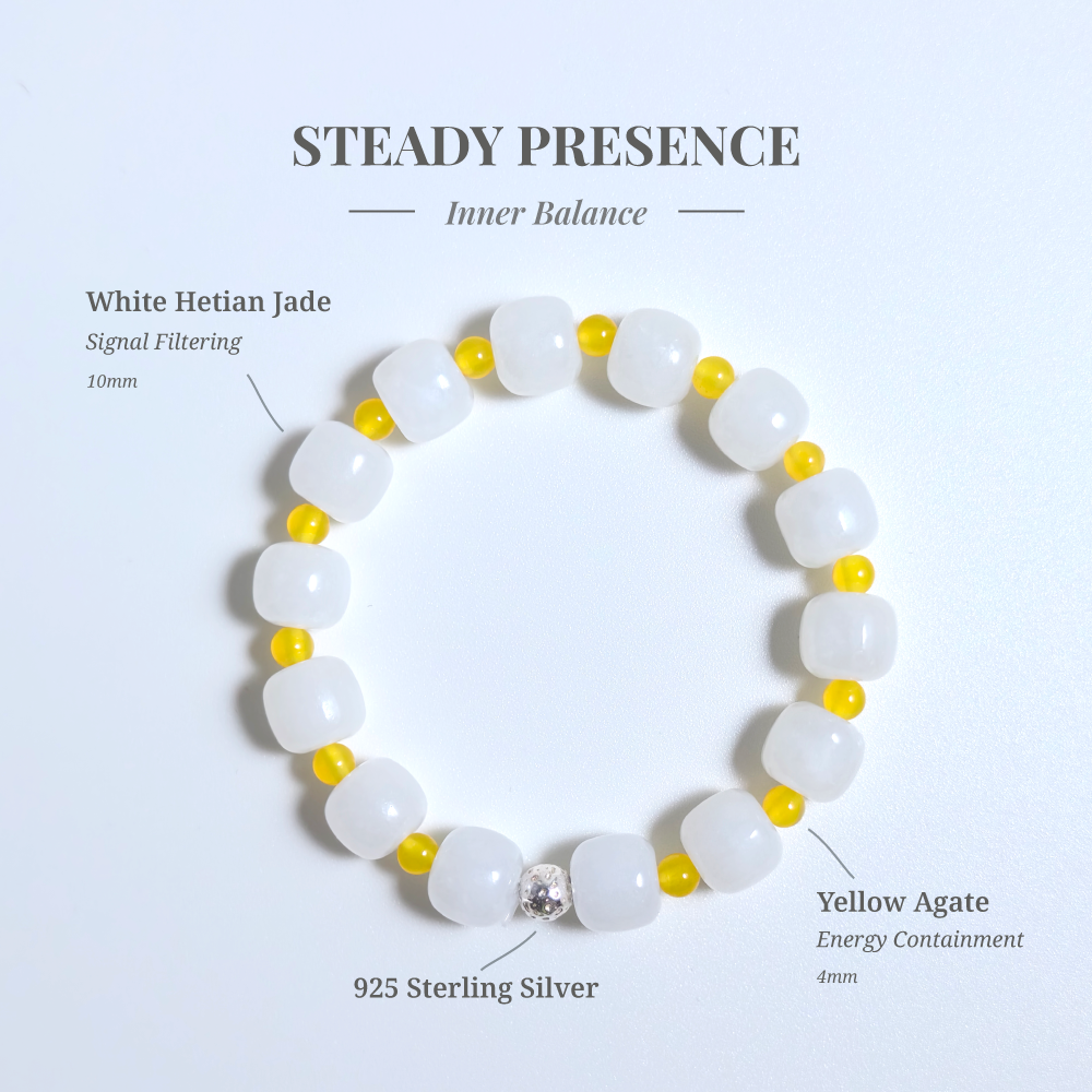 Steady Presence crystal bracelet made with white Hetian jade, yellow agate and 925 sterling silver