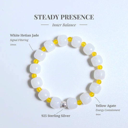 Steady Presence crystal bracelet made with white Hetian jade, yellow agate and 925 sterling silver