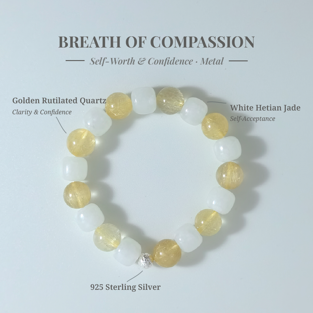White Grace bracelet with White Hetian Jade and Golden Rutilated Quartz for clarity, balance, and emotional healing