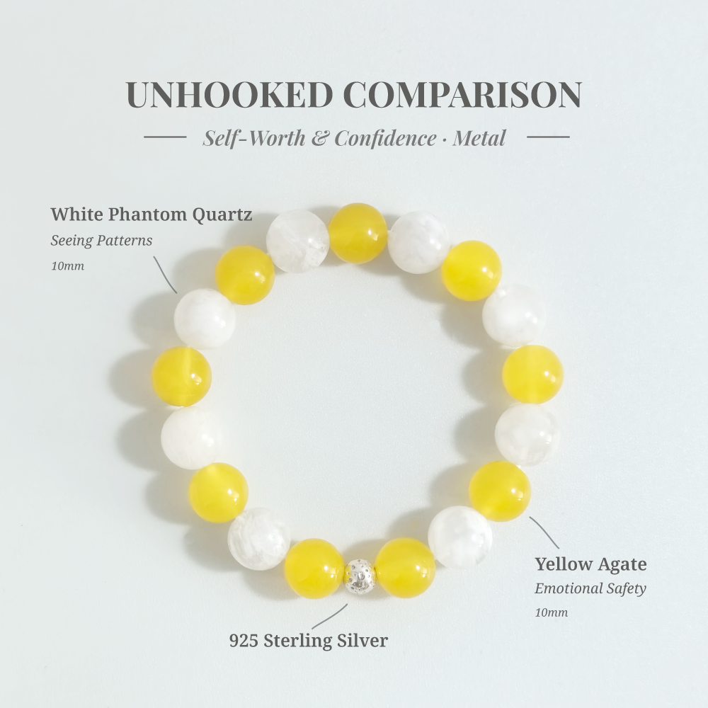 Yellow Agate and White Phantom Quartz “Unhooked Comparison” bracelet for softening self-worth triggers, reducing emotional collapse from comparison, and supporting gentle self-understanding – JING Balance