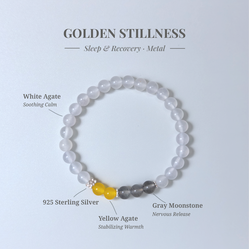 Golden Stillness crystal card showing White Agate and other stones with their healing functions.