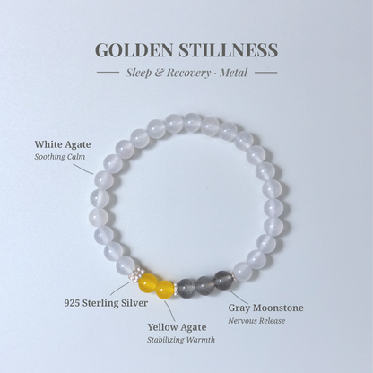 Golden Stillness crystal card showing White Agate and other stones with their healing functions.