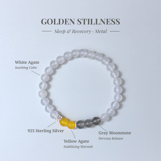 Golden Stillness crystal card showing White Agate and other stones with their healing functions.