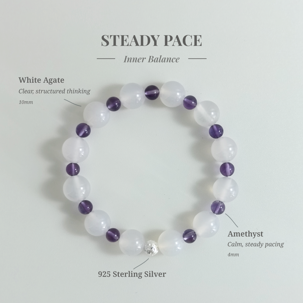 Steady Pace bracelet with White Agate and Amethyst for slowing down speech and improving clarity under pressure