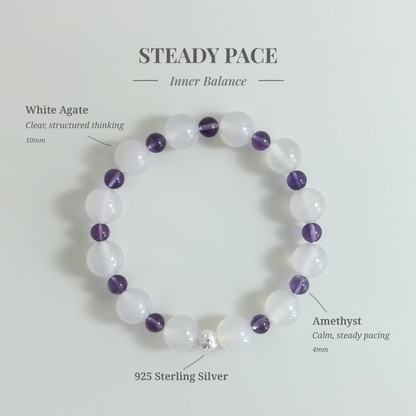 Steady Pace bracelet with White Agate and Amethyst for slowing down speech and improving clarity under pressure