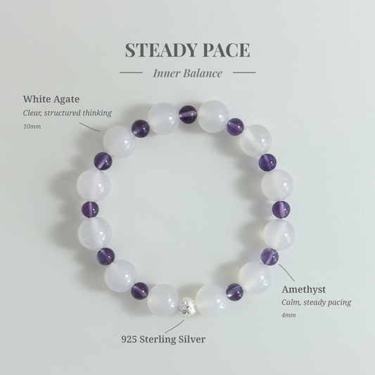 Steady Pace bracelet with White Agate and Amethyst for slowing down speech and improving clarity under pressure