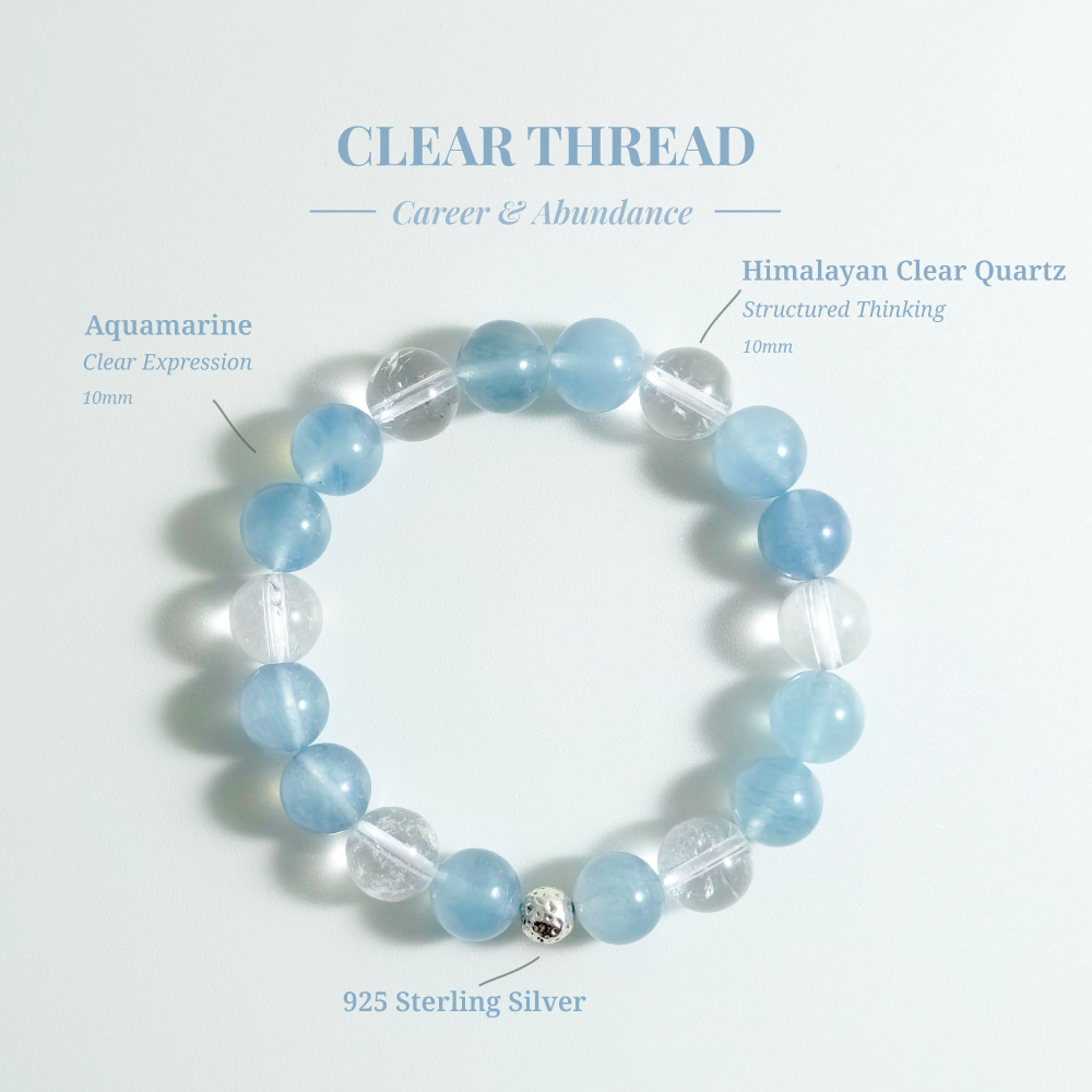 Clear Thread bracelet with Aquamarine and Clear Quartz for explaining ideas clearly and staying focused when speaking