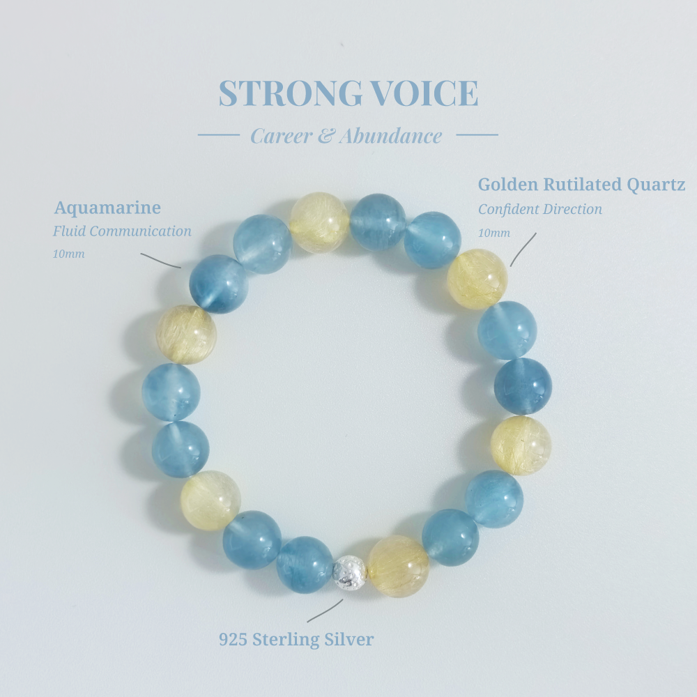 Strong Voice bracelet with Aquamarine and Golden Rutilated Quartz for confident communication and steady self-expression