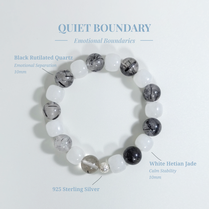 Quiet Boundary bracelet with White Hetian Jade and Black Rutilated Quartz for absorbing other people’s emotions