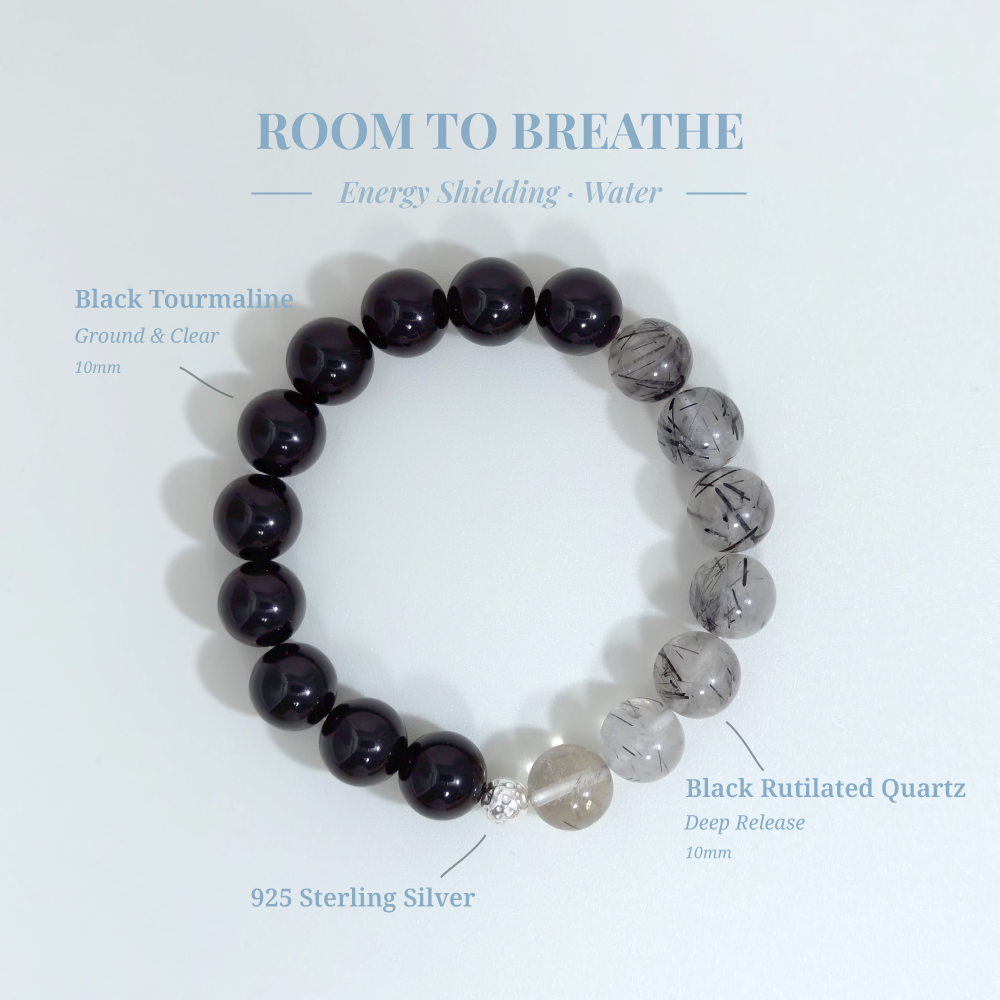 Room to Breathe bracelet with Black Tourmaline and Black Rutilated Quartz for releasing emotional weight, burnout recovery, and energy clearing – JING Balance