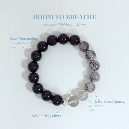 Room to Breathe bracelet with Black Tourmaline and Black Rutilated Quartz for releasing emotional weight, burnout recovery, and energy clearing – JING Balance