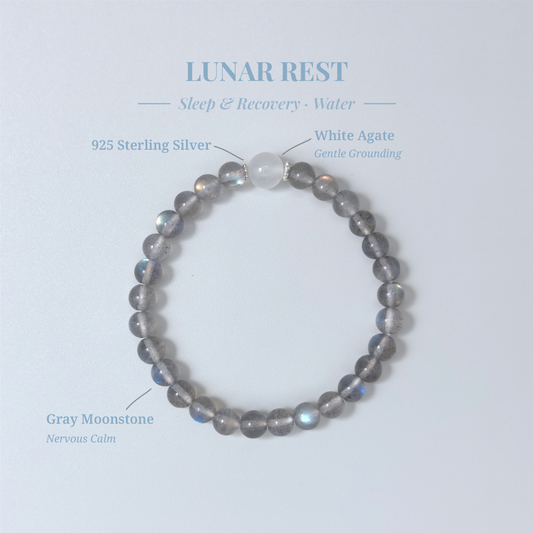 Lunar Rest crystal card showing Gray Moonstone and other stones with their healing functions.