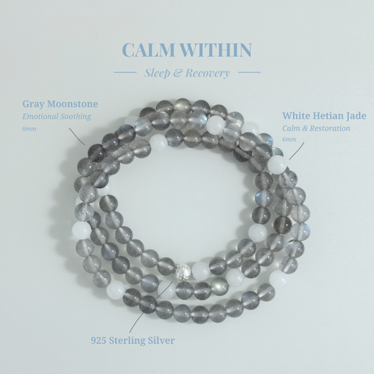 Calm Within bracelet with Gray Moonstone and White Hetian Jade for emotional soothing and deep calm at night