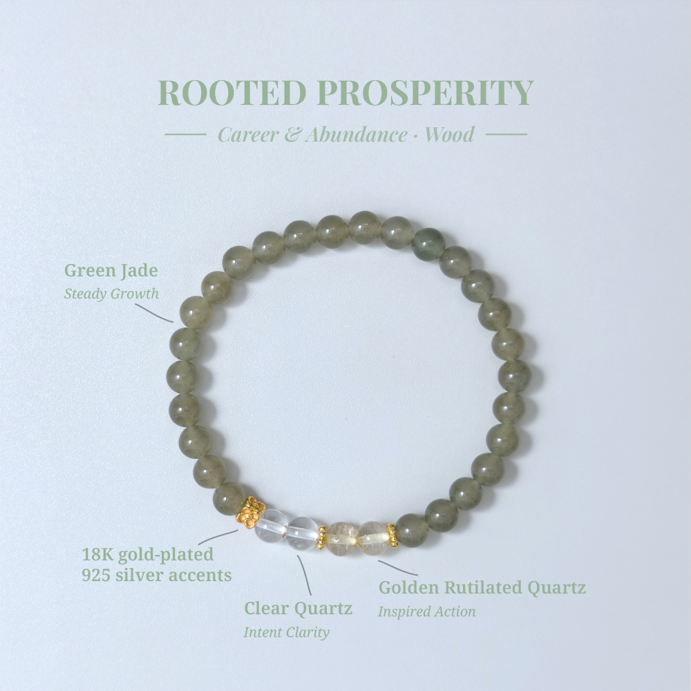 Rooted Prosperity crystal card showing Deep Green Hetian Jade and other stones with their healing functions.