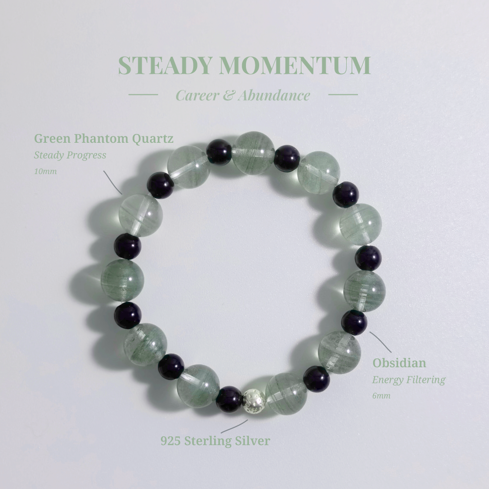 Steady Momentum bracelet with Green Phantom Quartz and Obsidian for steady work rhythm and smoother progress after interruptions
