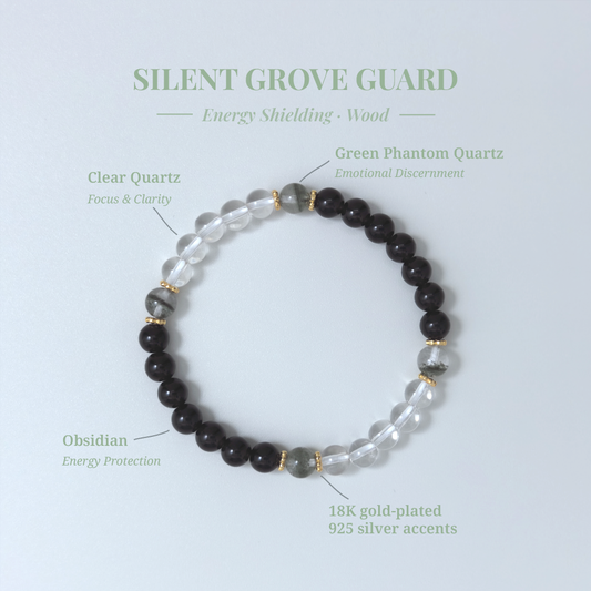 Silent Grove Guard crystal card showing Obsidian and other stones with their healing functions.
