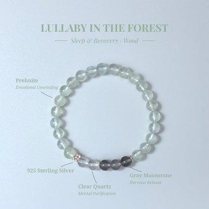 Lullaby in the Forest crystal card showing Prehnite and other stones with their healing functions.