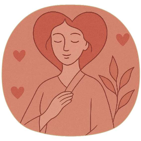 Illustration of a person holding a hand to the heart, surrounded by hearts and a growing plant, symbolizing love, emotional connection, and heart healing.