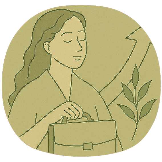 Illustration of a woman holding a briefcase with a rising arrow and plant in the background, representing career growth, prosperity, and abundance.