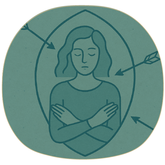 Illustration of a person with arms crossed inside a protective energy shield, blocking arrows from all sides—symbolizing energetic boundaries, protection, and emotional safety.